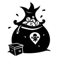 A black bag with a skull on it and a box with a dollar sign on it vector