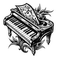 A black and white piano with a sheet of music on top of it vector