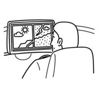 man checking sunny stormy weather on computer screen for forecast and planning vector