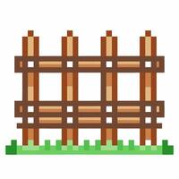 Pixel Art Wooden Fence Icon on Grass Block Retro Gaming Graphics for Digital Art and Game Design vector