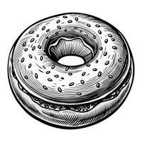 A black and white drawing of a doughnut with a sesame seed topping vector