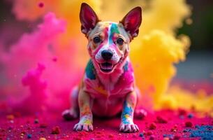 Animal puppy sprayed colorful colors holi, Indian spring festival bright photo