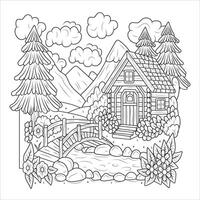 Cozy Log Cabin with Bridge and Mountain View Coloring Page vector