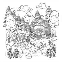 Rustic Cabin with Wooden Bridge in a Forest Coloring Page vector