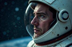 Portrait shadowy man astronaut in spacesuit helmet background of cosmos photo