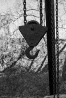 Metal hook and pulley system hanging from a structure in an outdoor area surrounded by trees during daylight hours photo