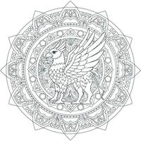 An ornate bird with wings is in the center of a circle vector