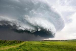 A large storm cloud is seen over a green field photo