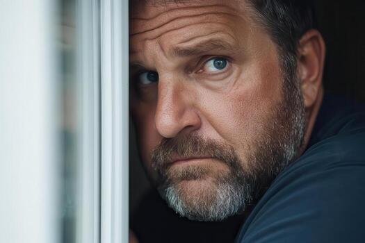 A man with a beard looks out the window photo