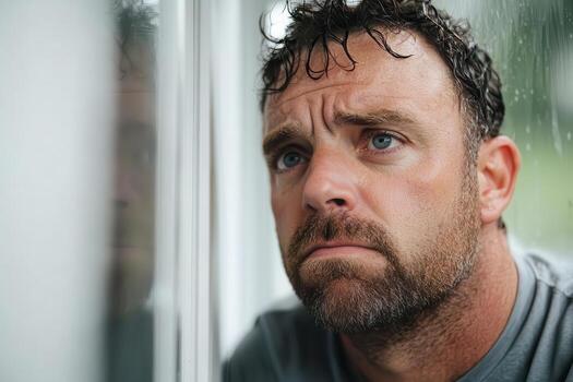 A man looks out the window while standing in the rain photo