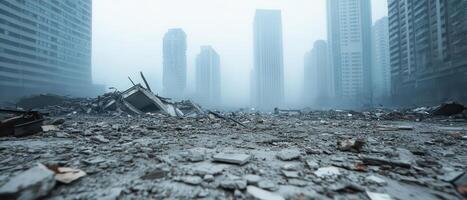 The city skyline after a devastating tornado reveals damaged skyscrapers and scattered debris, a stark reminder of the destruction that was left in its wake. photo