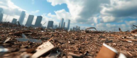 In the aftermath of a devastating tornado, damaged skyscrapers and scattered debris serve as a grim reminder of the destruction that unfolded. photo
