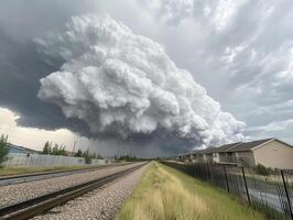 A large cloud of smoke is seen over a residential area photo