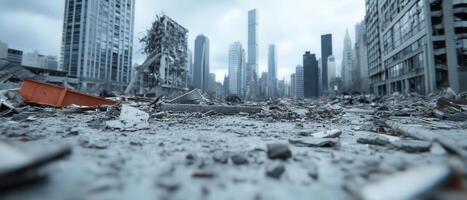 The city skyline after a devastating tornado reveals damaged skyscrapers and scattered debris, a grim reminder of the destruction that ensued. photo