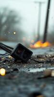 A broken camera laying on the ground in the rain photo