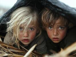 Children hiding under a sturdy table as a tornado approaches, a sense of fear and urgency in their expressions photo