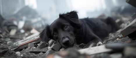 A black dog laying on the ground in a pile of rubble photo