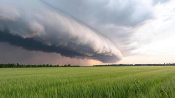 A large storm cloud is seen over a field photo