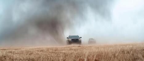 Two suvs driving through a field with a tornado in the background photo