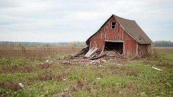 Collapsed barn in a rural field after a violent tornado, shards of wood and mangled metal strewn throughout the scenery. photo