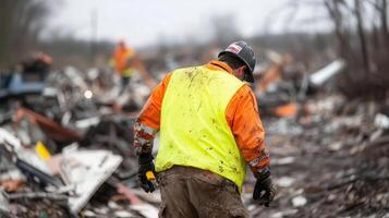 A man in an orange vest and yellow vest walking through a pile of debris photo