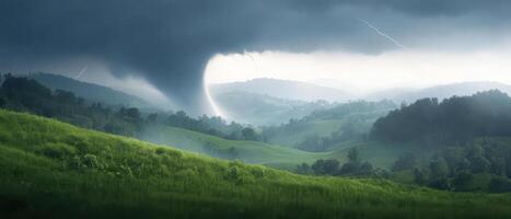 A tornado is seen over a green field photo
