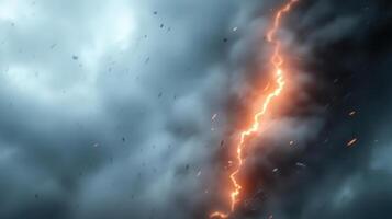 A lightning bolt is striking through the sky photo