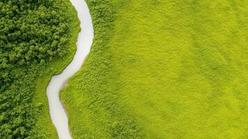 Muted aerial shot of winding river through golden fields, cinematic drone perspective, earthy tones photo