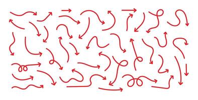 Set of simple lines hand drawn red arrows in various style. Set of simple of hand drawn red arrows vector