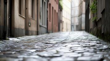 Wandering through a desaturated European alleyway, admiring historic buildings, soft light reflections, and experiencing timeless urban charm. photo