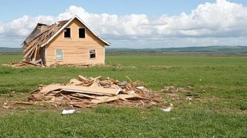 The collapsed barn in the rural field bore the aftermath of a violent tornado, with broken wood and twisted metal strewn across the landscape. photo