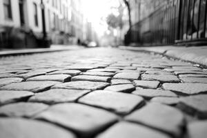 Black-and-white cobblestone street scene, vintage charm, timeless aesthetic, soft morning light photo