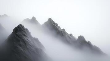 Monochrome mountain silhouette against a deep foggy sky, soft light, mysterious aura. photo
