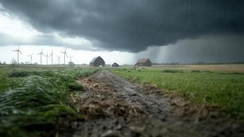 Twister tearing through a rural farm, barns collapsing, wind turbines struggling against the force of the storm photo