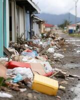 The Caribbean marketplace was destroyed by a tsunami, leaving overturned stalls and goods scattered everywhere. photo