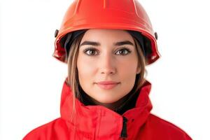 A woman in a red hard hat and jacket photo