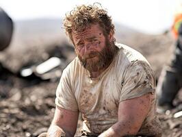 A man with a beard sitting in the dirt photo