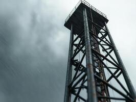 The tornado siren tower stood tall against the stormy sky, with dramatic lighting highlighting its importance in emergency preparedness. photo