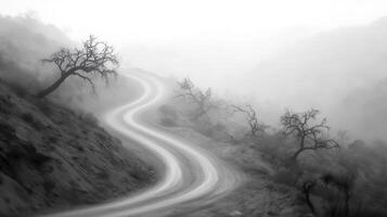 A desaturated winding road meanders through a misty valley, with soft gradients, adding cinematic depth and perspective to the scene. photo
