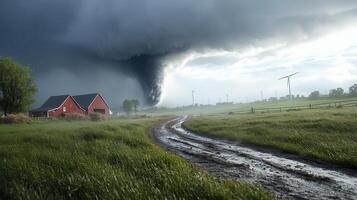 A twister rips through the countryside, barns crumble, wind turbines battle the raging storm. photo