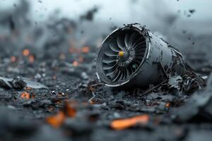 A damaged aircraft engine lies in a smoking crater, surrounded by scattered plane debris. photo