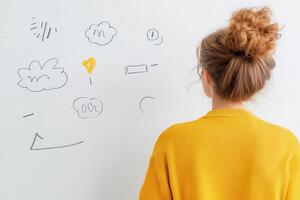 Female startup founder brainstorming ideas on a digital whiteboard, innovation theme, isolated on white background. photo
