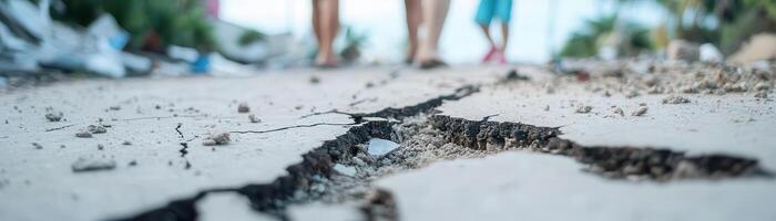 A cracked Caribbean road reveals the aftermath of seismic activity, as people cautiously navigate around the damage. photo