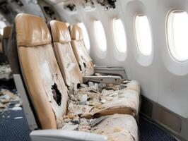 Scorched airplane cockpit with shattered windows, rescue teams desperately searching for any survivors among the flight crew. photo