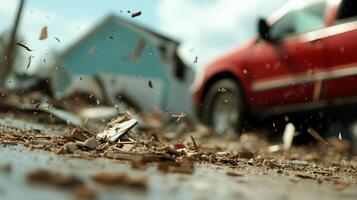 A tornado tore through a small town, causing damage to houses and vehicles with debris swirling in the violent winds. photo