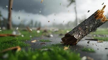 Tree snapped in half by extreme winds, debris flying through the air as a tornado looms in the distance, causing chaos and destruction. photo