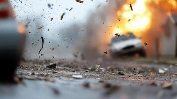 Tornado tearing through a small town, houses and vehicles destroyed, debris swirling in the fierce winds. photo