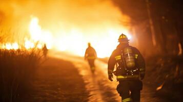 Firefighters conducting a nighttime operation, flames reflecting off their gear as they advance photo