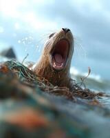 Rescue diver untangling a sea lion caught in an abandoned fishing net near the rocky shoreline, water droplets glistening in the sunlight photo