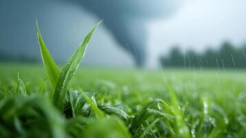 A tornado is seen in the background of a green field photo